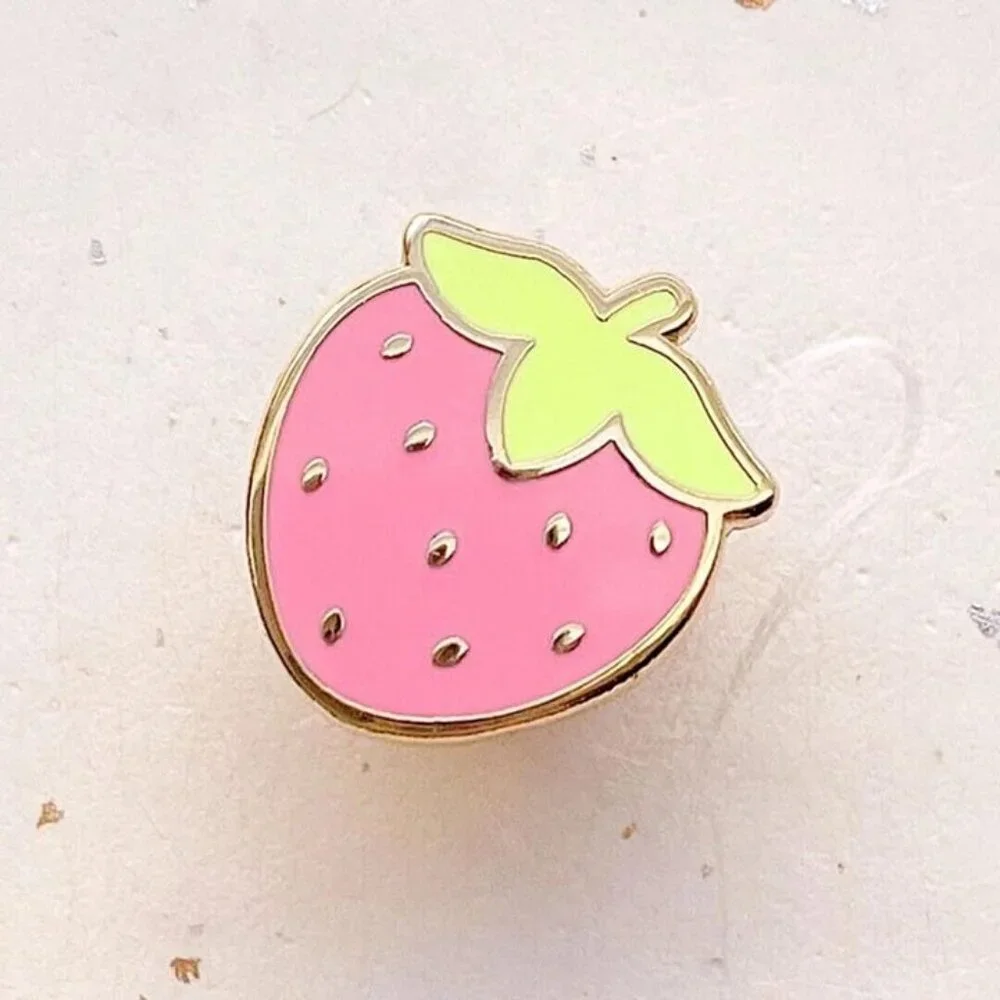Mini Cute Strawberry Enamel Pin -‎ Gold Plated Food Lapel - Kawaii Jewelry